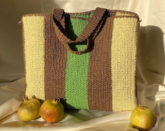 Raffia Tote Bag, Colorful Crochet Tote Bag, Hand Knit Bag, Big Beach Bag, Travel Shoulder Bag, Hand Woven Boho, Summer Straw Bag