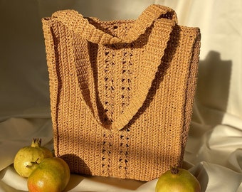 Straw Tote Bag, Crochet Tote Bag, Hand Knit Bag, Beach Bag, Travel Shoulder Bag, Hand Woven Boho, Summer Raffia Bag, Mustard, Beige Color