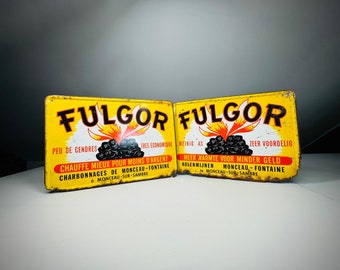 Unique Set of 2 Vintage Tin Advertising Signs FULGOR Coal Mines - French and Dutch Version - 1960s