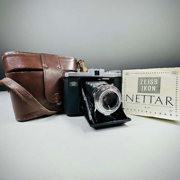 Unieke Vintage Zeiss Ikon Nettar 518/16 Camera in Originele Leren Koffer (jaren 1950) met Originele Handleiding