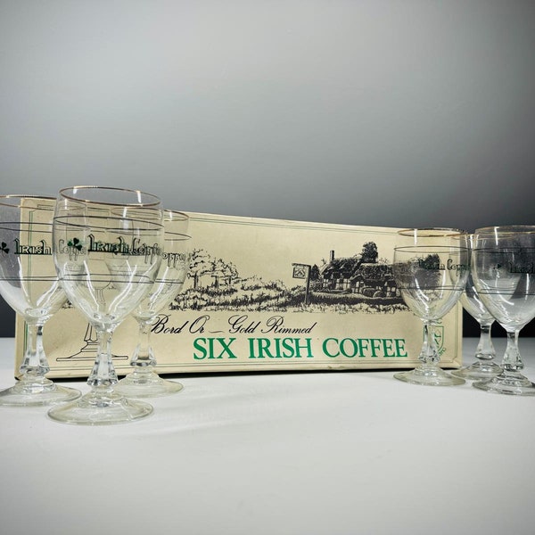 6 Vintage Irish Coffee Glasses - Luminarc France - Gold Rimmed - Original Box - St. Patrick's Day