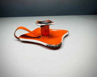 Art Nouveau Vintage Orange Enamel Candle Holder Chamberstick - Go-To-Bed Candle Holder 1900