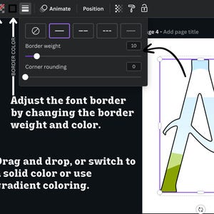 May include: A screenshot of a design tool showing a way to adjust the border weight and color of a font. The font is a stylized letter "A" with a gradient of green, light blue, and white. The border weight is set to 10 and the corner rounding is set to 0.