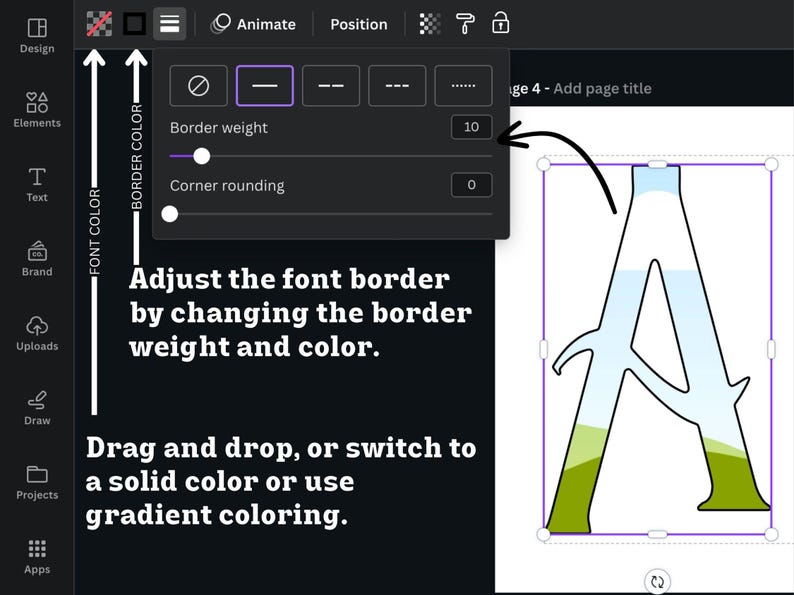 May include: A screenshot of a design tool showing a way to adjust the border weight and color of a font. The font is a stylized letter "A" with a gradient of green, light blue, and white. The border weight is set to 10 and the corner rounding is set to 0.
