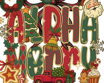 Preppy Christmas Doodle Alphabet PNG Bundle, Holiday Clipart (Digital Download)