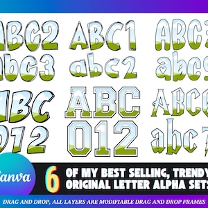 Op de afbeelding: Een verzameling kleurrijke letter- en nummerontwerpen. Elk ontwerp heeft een achtergrond van lucht en grasheuvels. De afbeelding bevat de tekst "ABC", "abc" en cijfers, met het Canva-logo en de tekst "6 OF MY BEST SELLING, TRENDY, ORIGINAL LETTER ALPHA SETS."