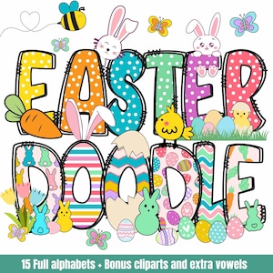 Easter Alphabet Doodle Letters PNG Bundle, Easter Bunny Alphabet, Alpha Bundle & Accessories, Easter sublimation Alpha Set, Easter letters