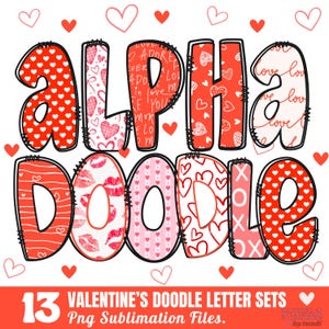Paquete PNG de alfabeto doodle retro de San Valentín, letras de amor y diseños de corazones, tema de corazón y amor para sublimación
