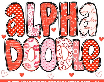 Retro Valentine&#39;s Doodle Alphabet PNG Bundle: Love & Heart Designs (Digital Download)