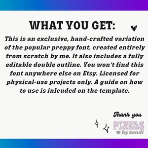 May include: A graphic with the text "WHAT YOU GET:" followed by descriptive text about a hand-crafted font. The text mentions a double outline and Etsy exclusivity. The bottom of the graphic says "Thank you PIXELS by tundi."