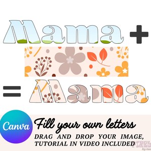 May include: A digital design tutorial for creating a personalized "Mama" design using a floral pattern. The tutorial includes instructions on how to drag and drop an image into a template and fill in the letters with the image. The text "Mama + = Mama" is shown in the image.
