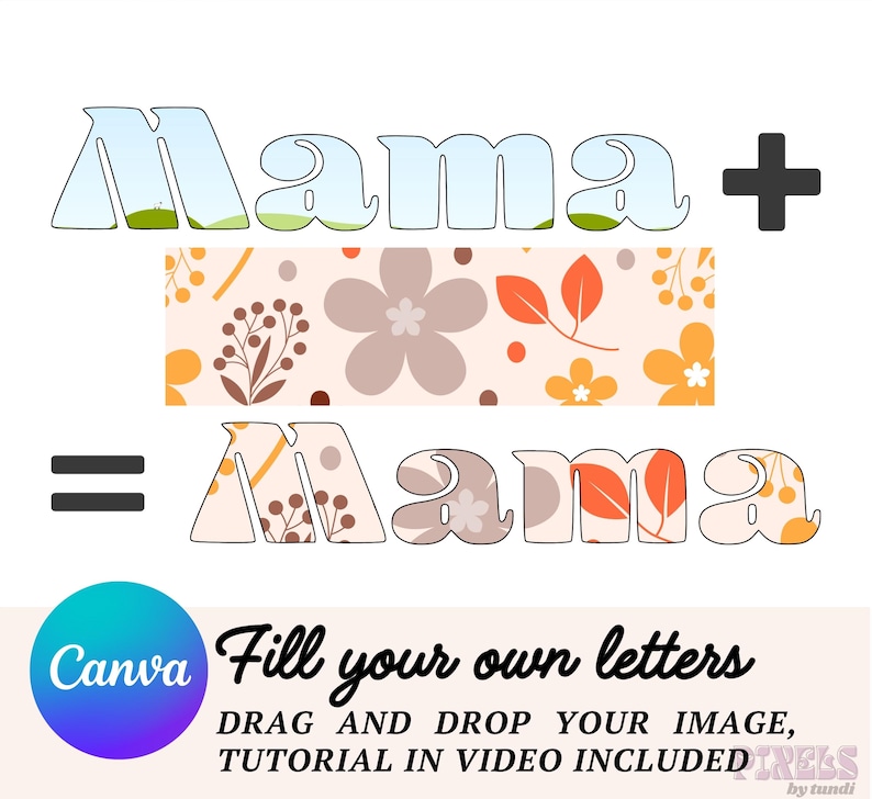 May include: A digital design tutorial for creating a personalized "Mama" design using a floral pattern. The tutorial includes instructions on how to drag and drop an image into a template and fill in the letters with the image. The text "Mama + = Mama" is shown in the image.