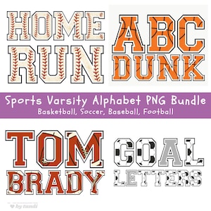 Pacote de letras esportivas PNG – Basquete, Futebol, Beisebol, Letras de Futebol, Conjunto de alfabeto desenhado à mão por sublimação PNG, Letras esportivas
