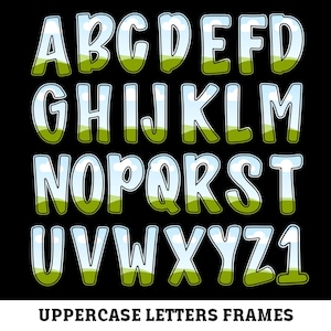 May include: Uppercase letters A through Z and the number 1, each with a white outline, filled with a sky and green landscape design. The letters are set against a black background. The text "UPPERCASE LETTERS FRAMES" is at the bottom.