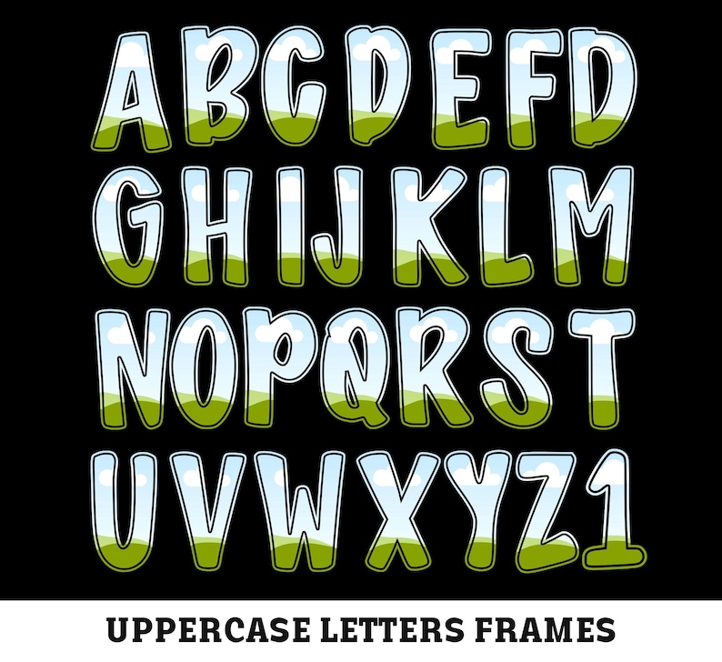 May include: Uppercase letters A through Z and the number 1, each with a white outline, filled with a sky and green landscape design. The letters are set against a black background. The text "UPPERCASE LETTERS FRAMES" is at the bottom.