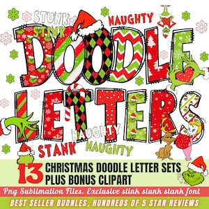 May include: A colorful Christmas-themed graphic with the words "DOODLE LETTERS" in large, festive lettering. The design incorporates red, green, and black patterns, Grinch characters, and the text "13 CHRISTMAS DOODLE LETTER SETS PLUS BONUS CLIPART".