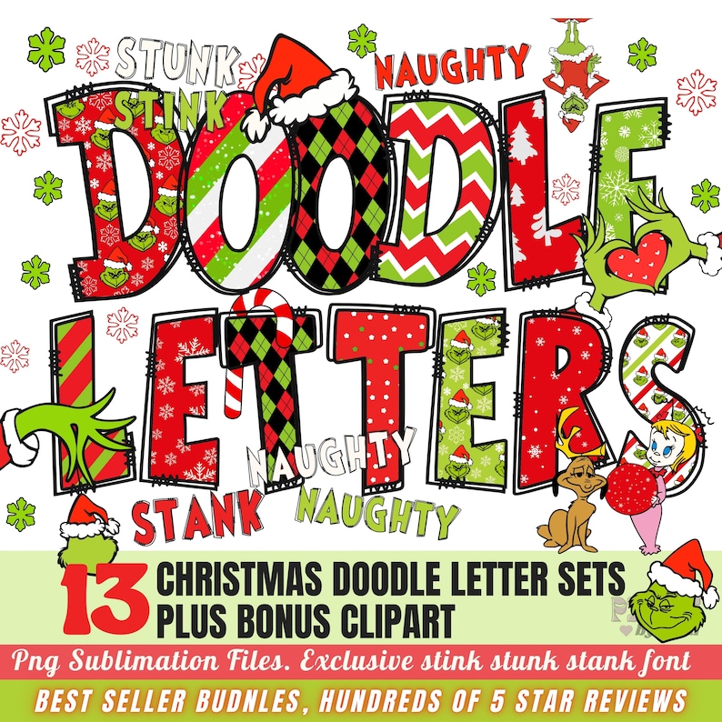 May include: A colorful Christmas-themed graphic with the words "DOODLE LETTERS" in large, festive lettering. The design incorporates red, green, and black patterns, Grinch characters, and the text "13 CHRISTMAS DOODLE LETTER SETS PLUS BONUS CLIPART".