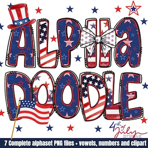Pacchetto PNG alfabeto bandiera americana patriottica, lettere scarabocchiate USA, set alfabetico sublimatico disegnato a mano, design lettere bandiera USA, lettere scarabocchiate