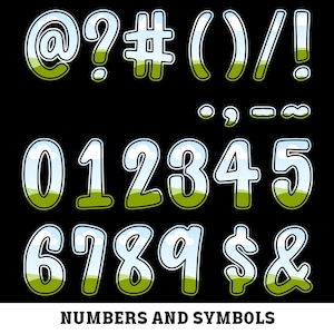 May include: A collection of numbers and symbols in a cartoon style, set against a black background. The characters include the numbers 0-9, along with symbols such as the at sign, question mark, and exclamation point. The text "NUMBERS AND SYMBOLS" is at the bottom.