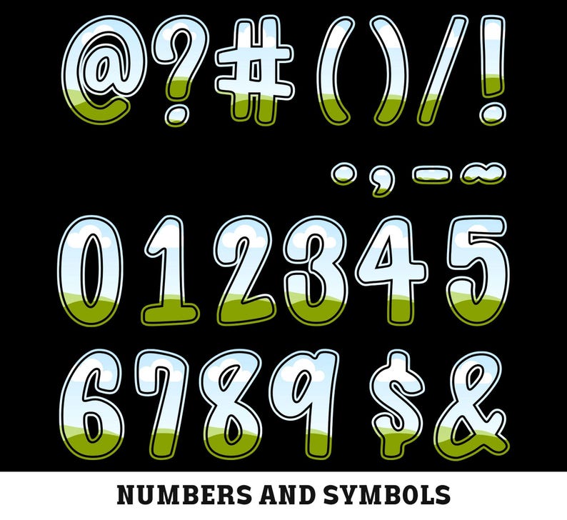 May include: A collection of numbers and symbols in a cartoon style, set against a black background. The characters include the numbers 0-9, along with symbols such as the at sign, question mark, and exclamation point. The text "NUMBERS AND SYMBOLS" is at the bottom.