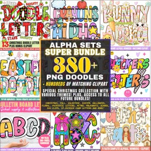 Doodle Letters Alphabet PNG Bundle - Spring Floral, Easter, Valentine, Retro, Halloween, Christmas, Doodle Letters, Sublimation Alpha Sets