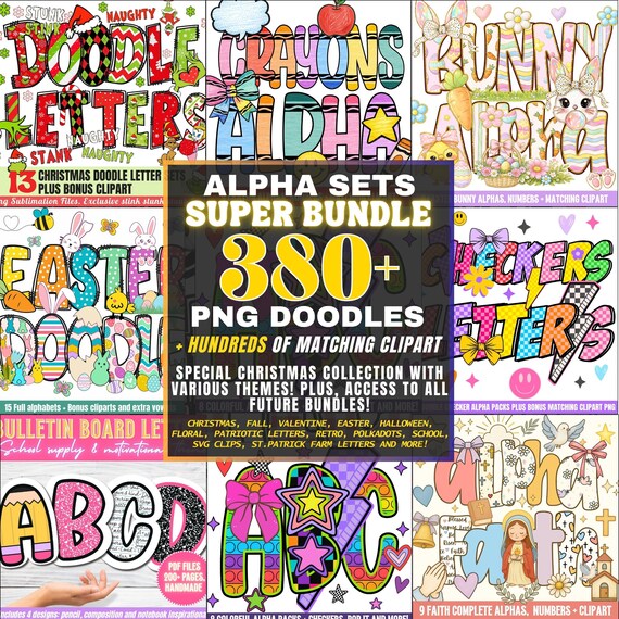 Doodle Letters Alphabet PNG Bundle - Spring Floral, Easter, Valentine, Retro, Halloween, Christmas, Doodle Letters, Sublimation Alpha Sets