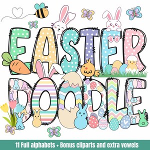 Alphabet de Pâques Doodle lettres PNG Bundle, alphabet lapin de Pâques, Alpha Bundle & accessoires, sublimation de Pâques Alpha Set, lettres de Pâques