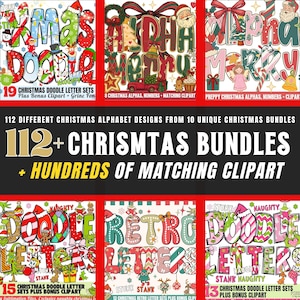May include: A collection of Christmas-themed digital design sets. The image showcases various alphabet and number sets with festive designs, including doodle and retro styles. Text includes "Christmas Doodle Letter Sets" and "Christmas Bundles".