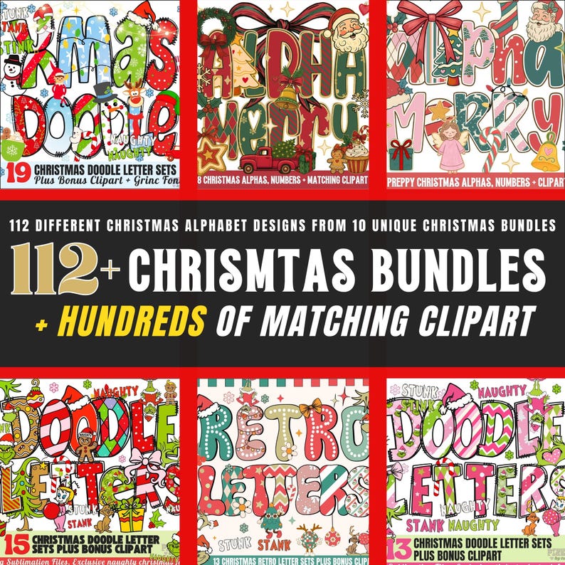 May include: A collection of Christmas-themed digital design sets. The image showcases various alphabet and number sets with festive designs, including doodle and retro styles. Text includes "Christmas Doodle Letter Sets" and "Christmas Bundles".