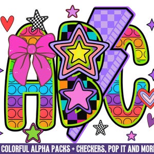 May include: Colorful graphic of the letters ABC with a pop-it design. The letter A has a pink bow and a checkered star. The letter B has a star design. The letter C has a pop-it design. Additional stars and hearts are scattered around the letters.