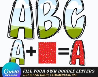 Marcos de Canva con alfabetos doodle, fuente de arrastrar y soltar (descarga digital)