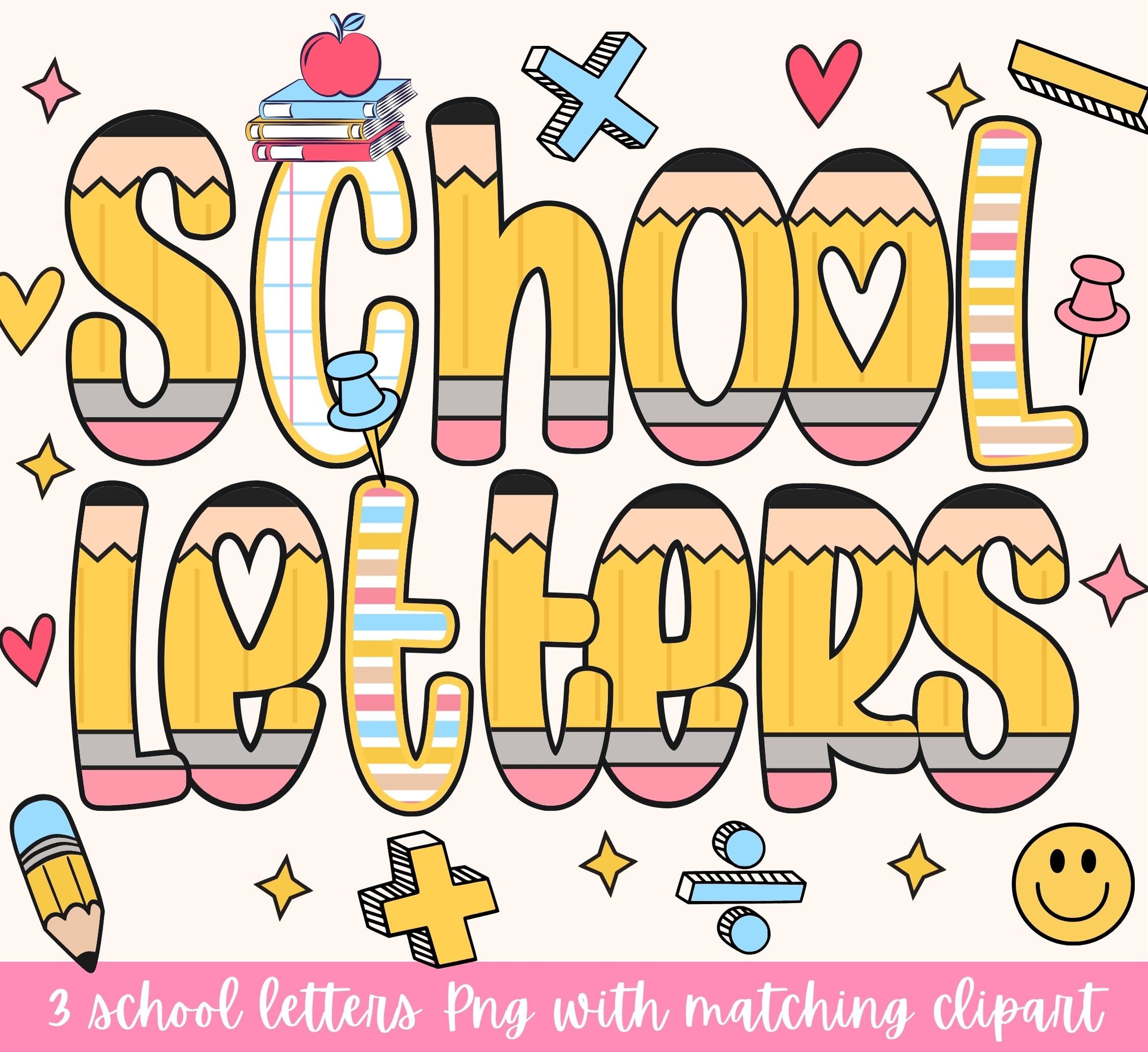 Pencil School Doodle Letters Alphabet PNG, Hand Drawn Upper and Lower Case + Numbers Alpha Pack Digital Download, School Supplies Font