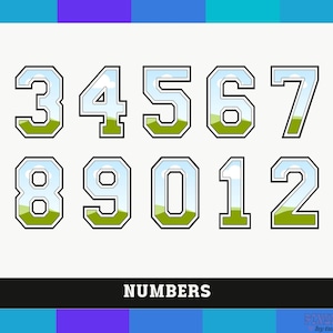 May include: A set of white outlined numbers with a green and blue landscape design inside each number. The numbers are 3, 4, 5, 6, 7, 8, 9, 0, 1, and 2. The word "NUMBERS" is printed below the numbers.