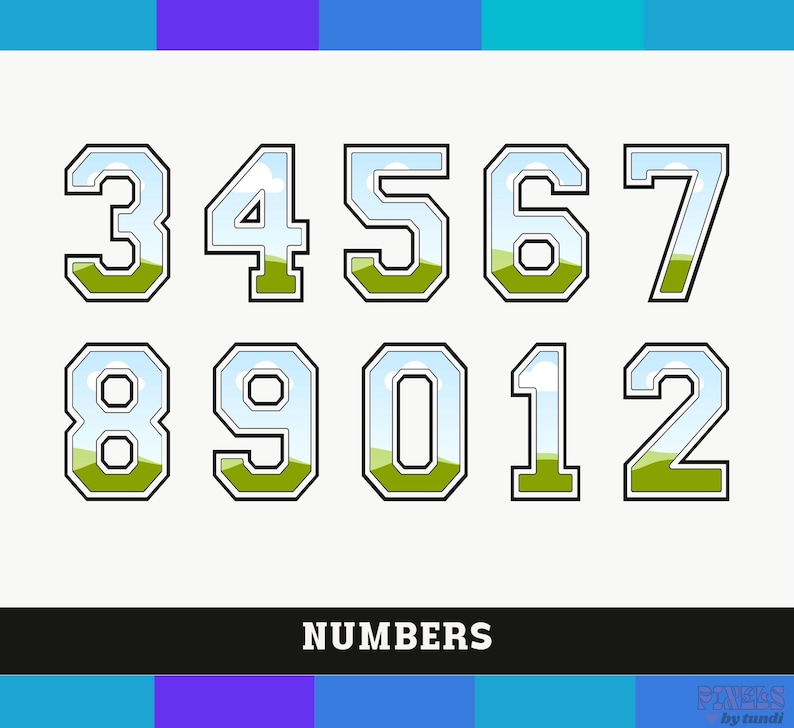 May include: A set of white outlined numbers with a green and blue landscape design inside each number. The numbers are 3, 4, 5, 6, 7, 8, 9, 0, 1, and 2. The word "NUMBERS" is printed below the numbers.