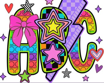 Peut inclure: Graphique numérique coloré des lettres ABC, conçues dans un style pop-it. La lettre A présente un nœud rose, et les lettres sont entourées d'étoiles et de cœurs. L'image comprend le texte : 8 COLORFUL ALPHA PACKS + CHECKERS, POP IT AND MORE!