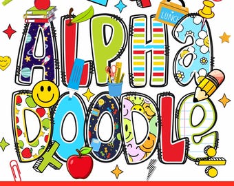 May include: Colourful alphabet letters with a school theme. The letters are decorated with various patterns, including stars, stripes, smiley faces, and apples. The letters spell out "Alpha Doodle" and are surrounded by other school-themed clipart, such as a lunchbox, a pencil, and a ruler.