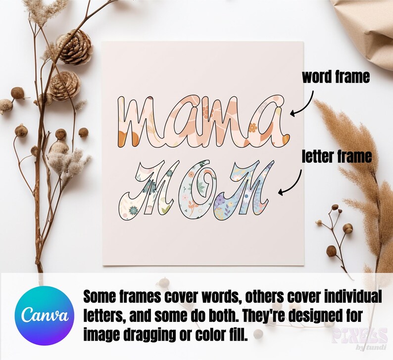 May include: A digital design template featuring the words "mama" and "MOM" in a floral pattern. The words are outlined in black and have a white background. The design is perfect for creating personalized gifts or home decor.