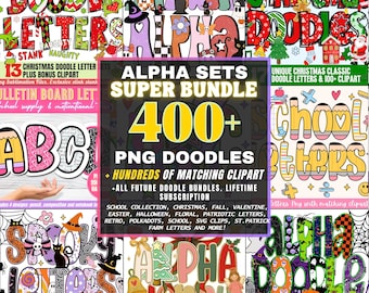 Doodle Alphabet Letters Mega Bundle PNG - Spring Floral, Easter, Valentine, Retro, Halloween, Christmas Clipart, Sublimation Alpha Sets
