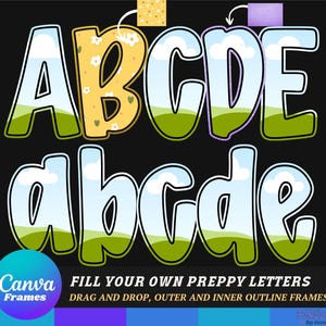 Può includere: Grafica digitale con le lettere maiuscole e minuscole A-E, in stile preppy. Le lettere presentano motivi di cielo e colline erbose, contorni bianchi, su sfondo nero. Il logo Canva Frames si trova in basso a sinistra.