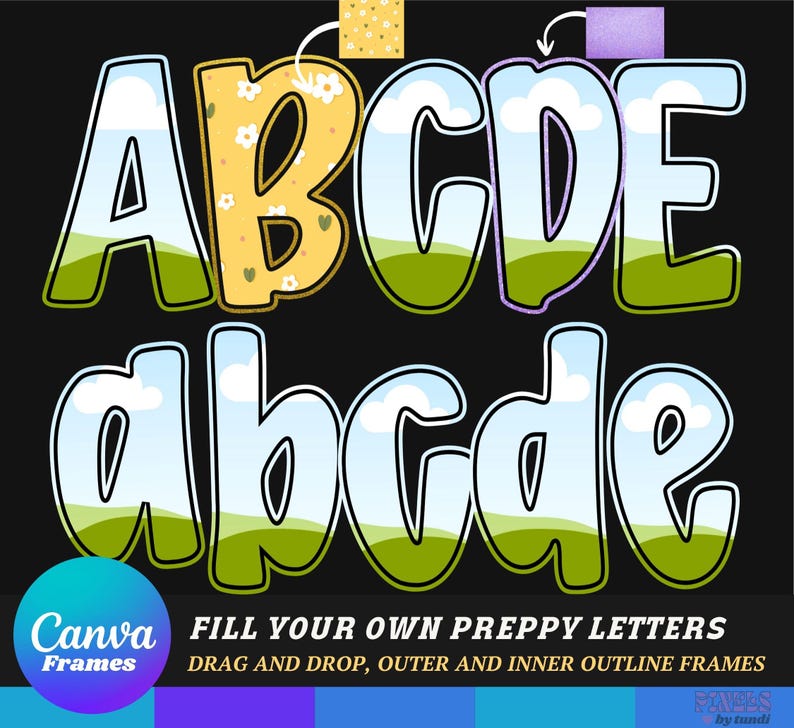 May include: A digital graphic featuring uppercase and lowercase letters A through E, with a preppy design. The letters are filled with sky and grassy hill patterns, outlined in white, and set against a black background. The Canva Frames logo is in the lower left.