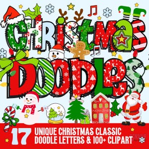 Christmas Letters Doodle Alphabet PNG Bundle | Holiday Letters & Numbers Clipart | Santa Elf Reindeer Candy Snow Sublimation Font