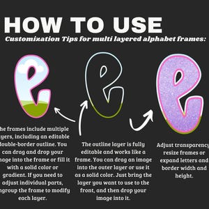 May include: A graphic illustrating how to customize multi-layered alphabet frames. The image shows three examples of the letter "e" with different designs and customization options, including color fills, outlines, and transparency adjustments. Text explains the customization process.