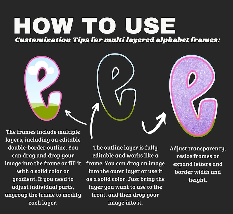May include: A graphic illustrating how to customize multi-layered alphabet frames. The image shows three examples of the letter "e" with different designs and customization options, including color fills, outlines, and transparency adjustments. Text explains the customization process.