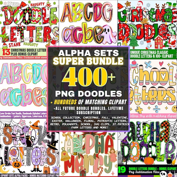 Doodle Alphabet Letters Mega Bundle PNG - Spring Floral, Easter, Valentine, Retro, Halloween, Christmas Clipart, Sublimation Alpha Sets