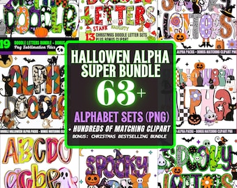 May include: A digital graphic bundle featuring Halloween-themed alphabet sets and clipart. The central text reads HALLOWEN ALPHA SUPER BUNDLE 63+ ALPHABET SETS (PNG) + HUNDREDS OF MATCHING CLIPART. The surrounding images display colorful, patterned letters.