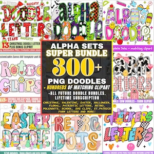 Paquete de letras del alfabeto Doodle Mega PNG: imágenes prediseñadas de primavera, flores, Pascua, San Valentín, retro, Halloween, Navidad, conjuntos de sublimación alfa