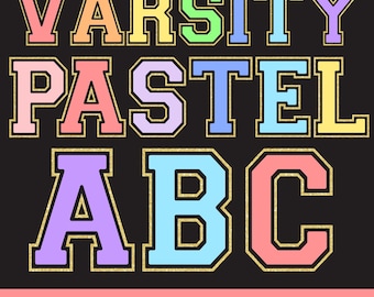 Pastel Glitter Varsity Letter Set: PNG Alphabet, Numbers (Canva Template, Digital Download)