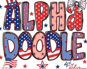 Patriotic USA Flag Doodle Letters PNG: 4th of July Alphabet, America Alphabet letters PNG (Digital Download)