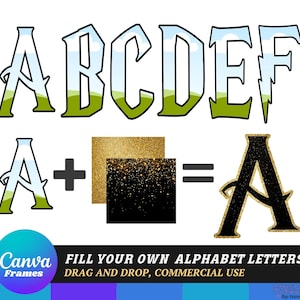 Puede incluir: Un conjunto de letras del alfabeto imprimibles en un estilo caprichoso con un diseño de paisaje verde y azul. Las letras están delineadas en negro y tienen un fondo blanco. Las letras se muestran con una superposición de purpurina dorada. El texto "FILL YOUR OWN ALPHABET LETTERS DRAG AND DROP, COMMERCIAL USE" también se incluye en la imagen.