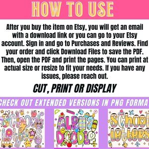 Op de afbeelding: Een afbeelding met instructies voor het gebruik van een digitale download van Etsy. De tekst legt uit hoe je de PDF kunt downloaden en afdrukken. Daaronder staan drie kleurrijke illustraties van schoolthema letters en doodles.